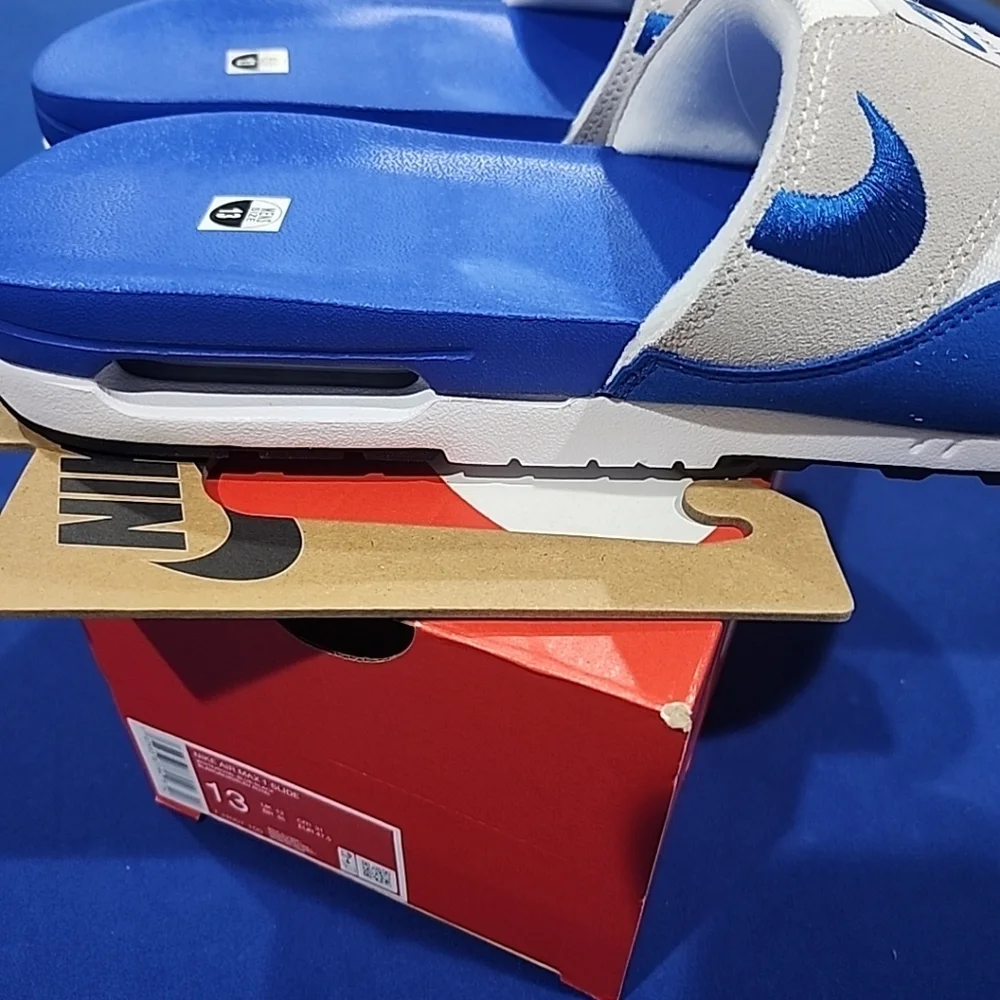 Sz 13 Nike Air Max 1 Slides Slippers Sandals 'White/Royal Blue' (FJ4007-100) - Picture 5 of 6